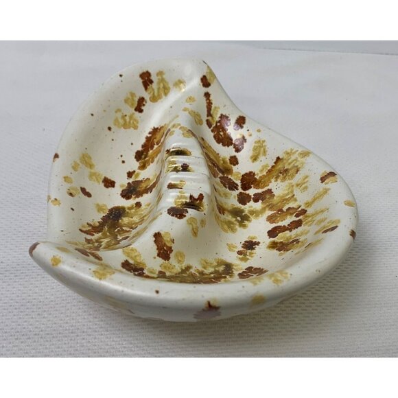 Vintage Handcrafted Ceramic Ashtray Splatter Glaze Brown Gold Earthy 4 Notches - Picture 5 of 15